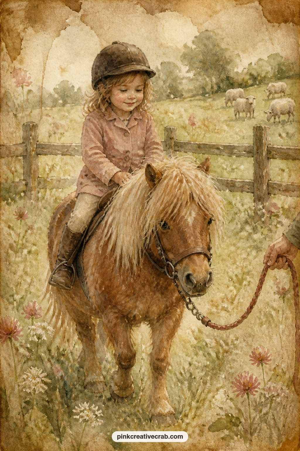 Little Girl On Shetland Pony printable page — A little girl sits proudly atop a round Shetland pony, leading rein in an adult's hand, with a paddock fence and