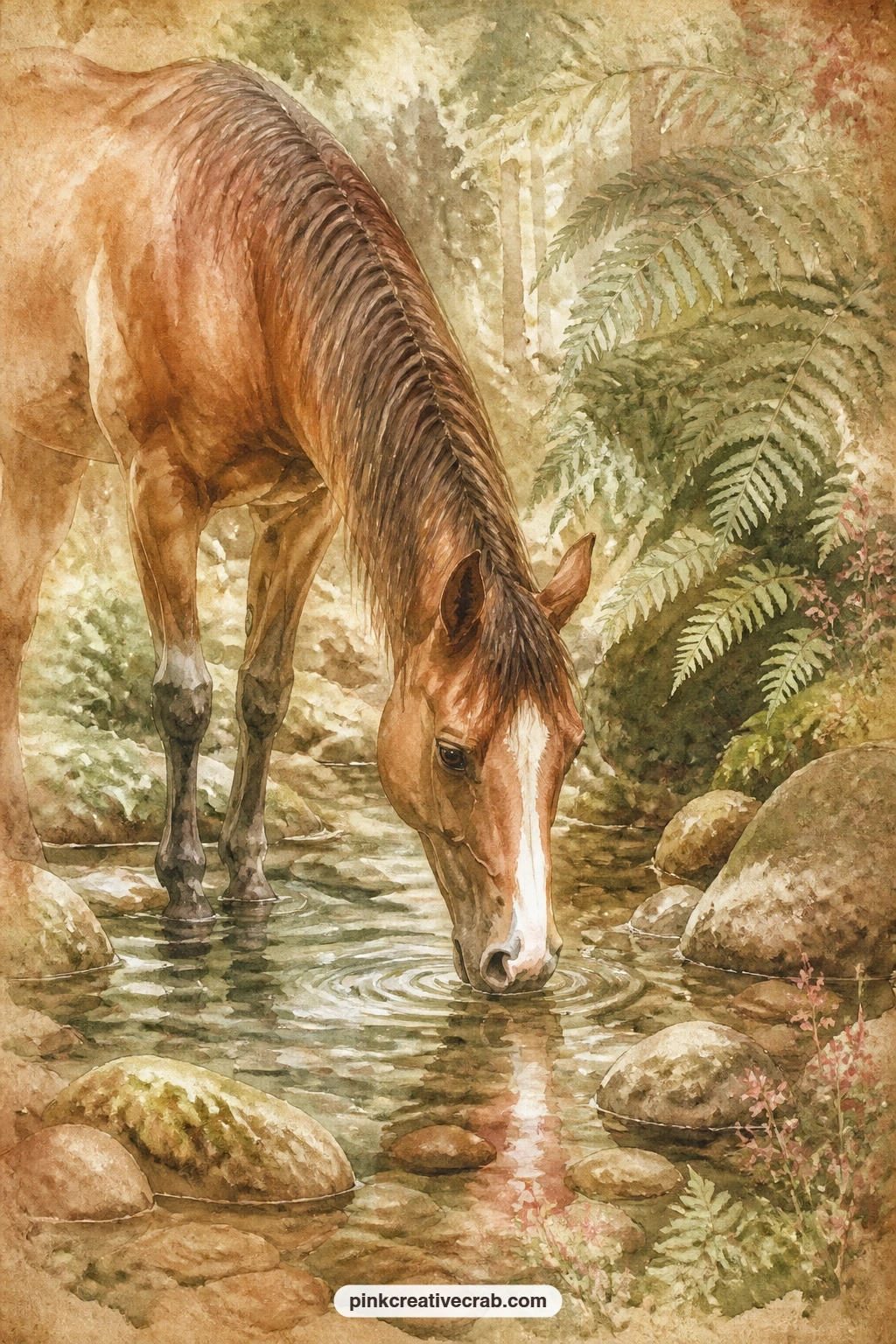 Horse Drinking From A Stream printable page — The usual mistake here is a flat, empty stream, so paint ripples, smooth stones and overhanging ferns to give the
