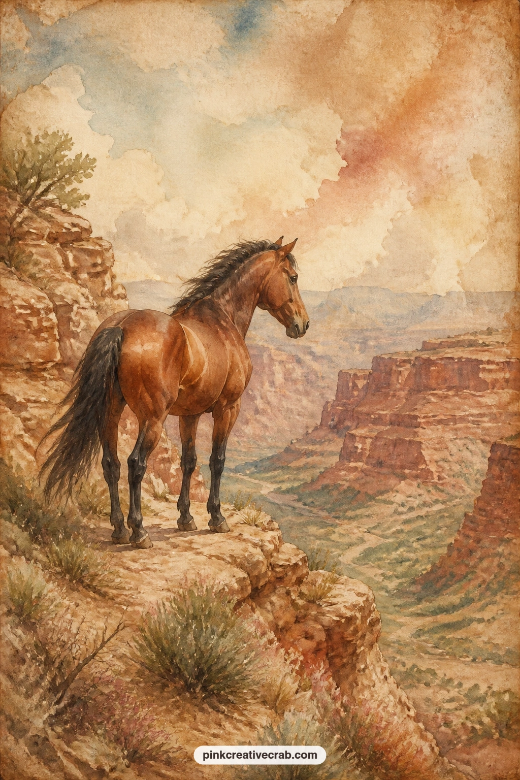 Mustang In Desert Canyon printable page — A lone mustang stands on a rocky ledge above a desert canyon, dust rising faintly at its hooves and layered red rock