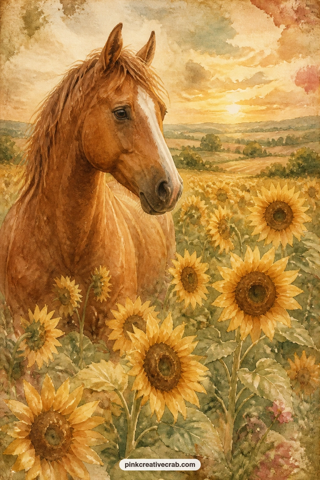 Horse In Field Of Sunflowers printable page — For a five minute version, paint just the sunflower heads turned toward the horse and leave the rest of the field