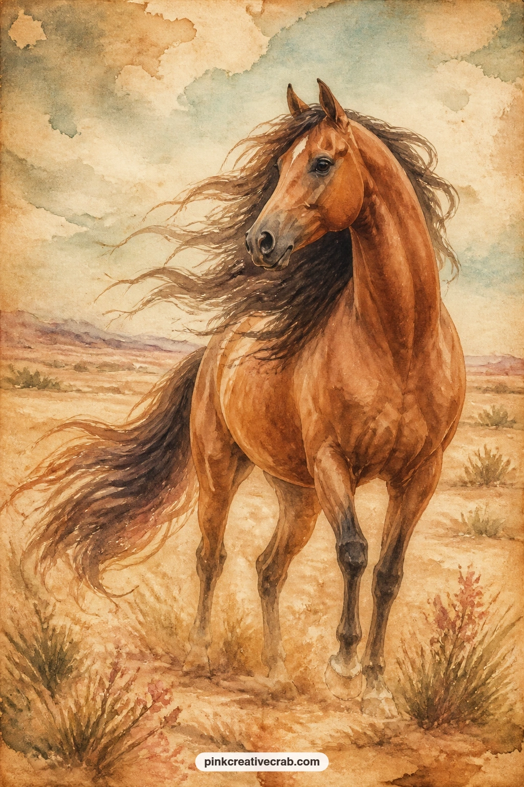 Arabian Horse With Flowing Mane printable page — An Arabian horse rears gently on open ground, its mane and tail lifted by wind, with scattered desert grass