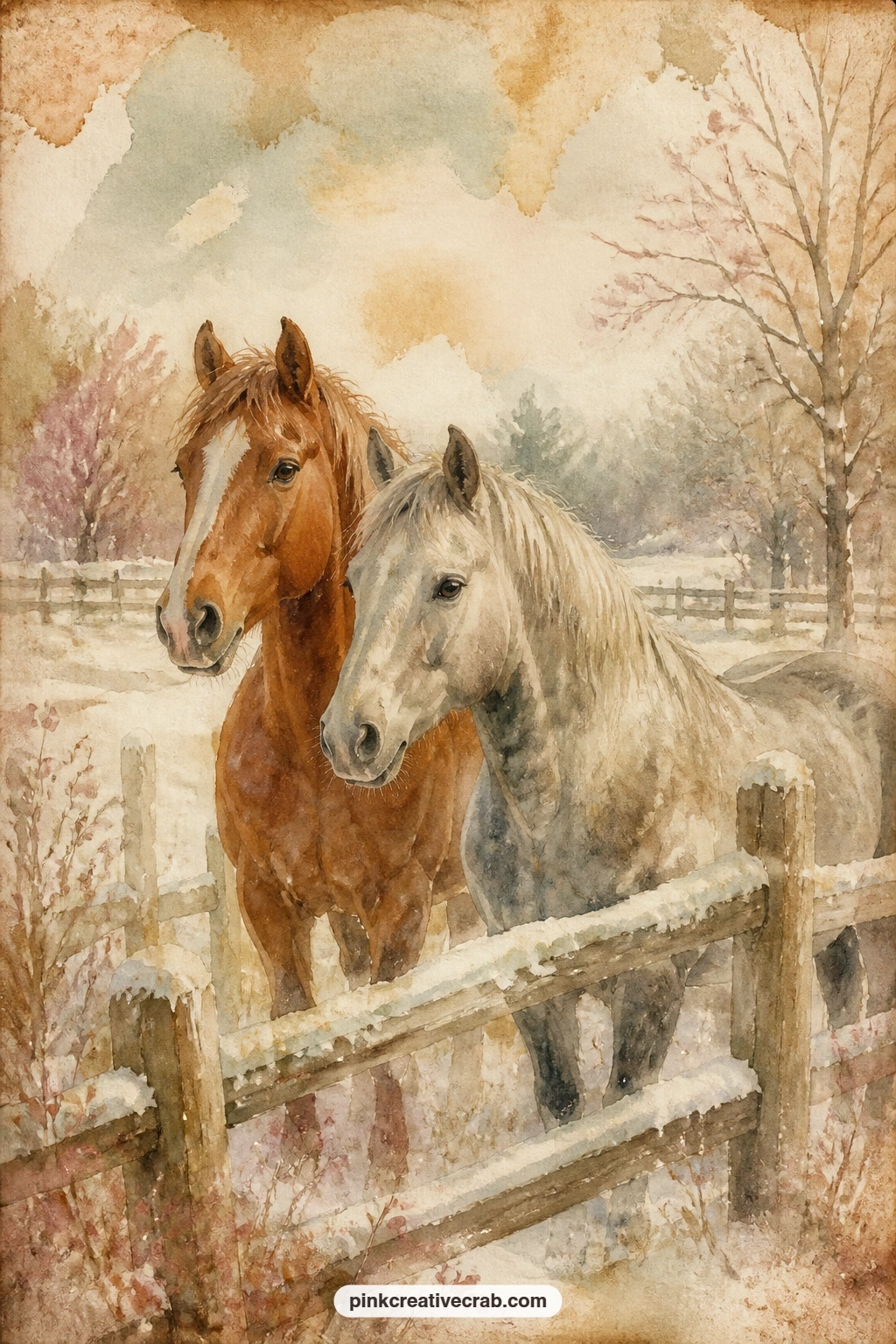 Horses In Snowy Paddock printable page — Give this page to the confident painter in a shared journal, since the pale palette and soft edges reward someone