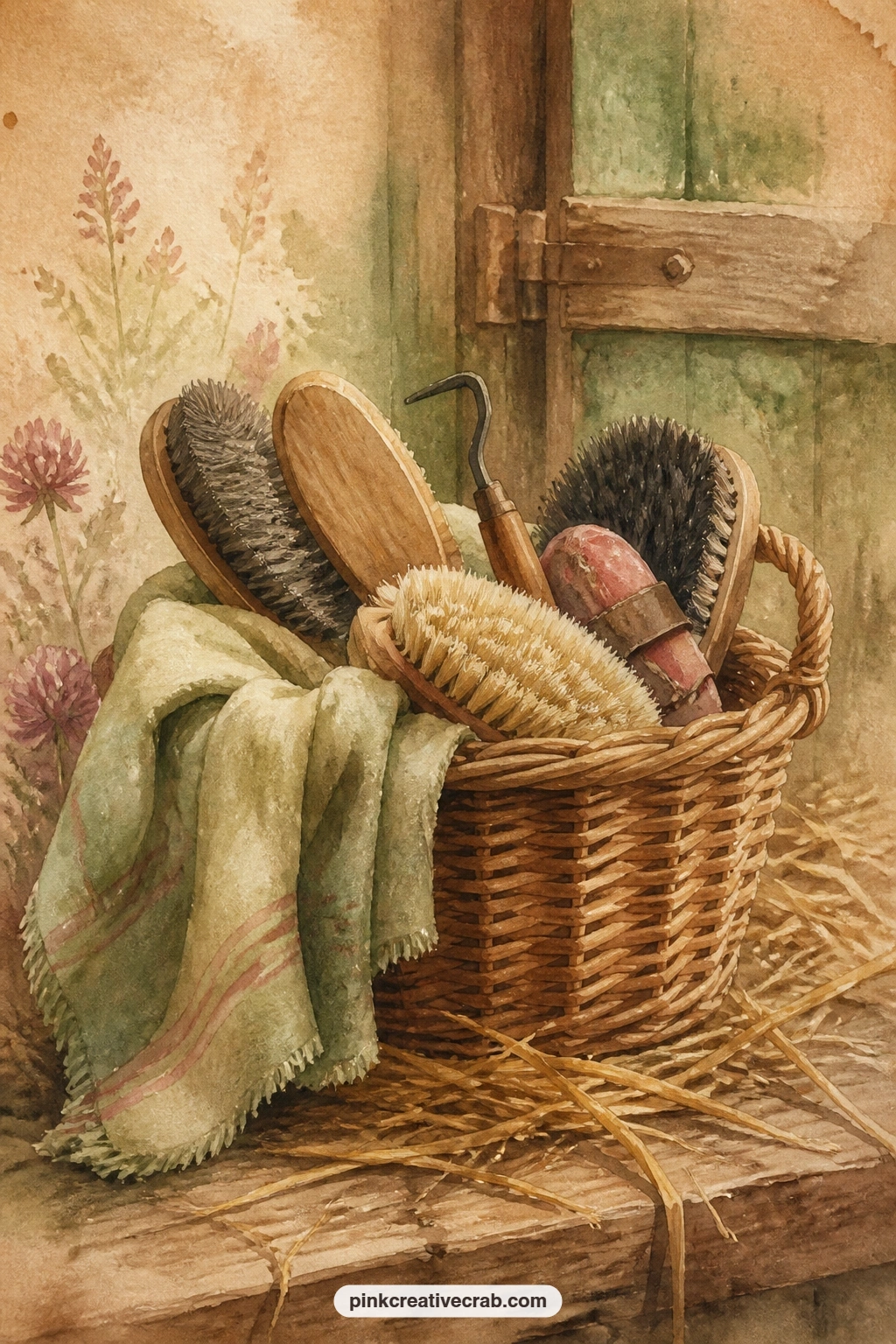 Grooming Kit Of Brushes In Basket printable page — Gather a basket of grooming brushes, a hoof pick, a mane comb and a folded cloth, all resting together on a