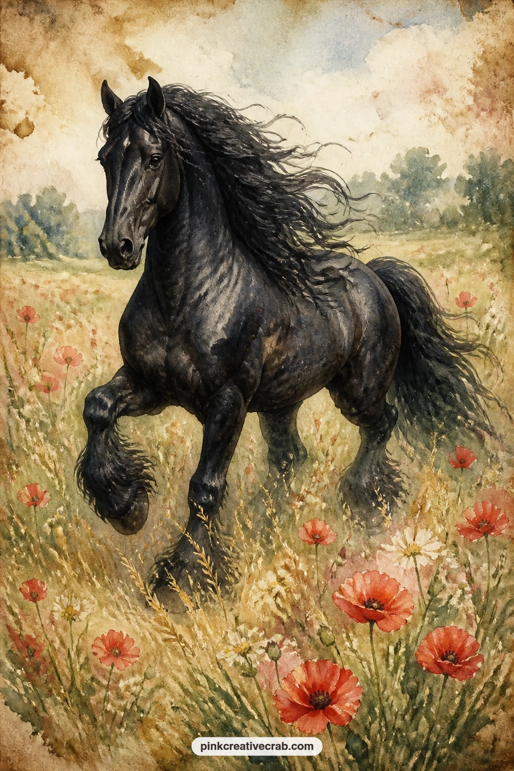 Black Friesian In Summer Field printable page — A black Friesian moves through a summer field at a slow trot, its feathered legs and long mane catching the