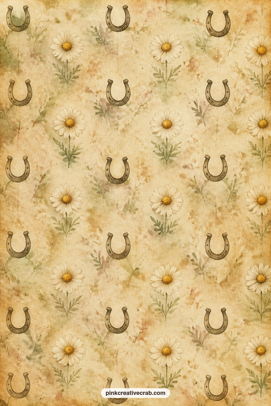 Horseshoe And Daisy Pattern printable page — Small horseshoes and daisies repeat across the page in a soft scattered rhythm, perfect under a photo of a