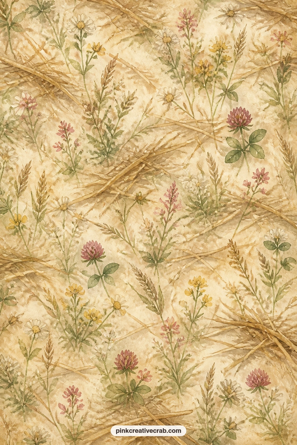 Hay And Wildflower Background Paper printable page — Loose strands of hay and small wildflowers drift across this page, good under a meadow photo, inside a