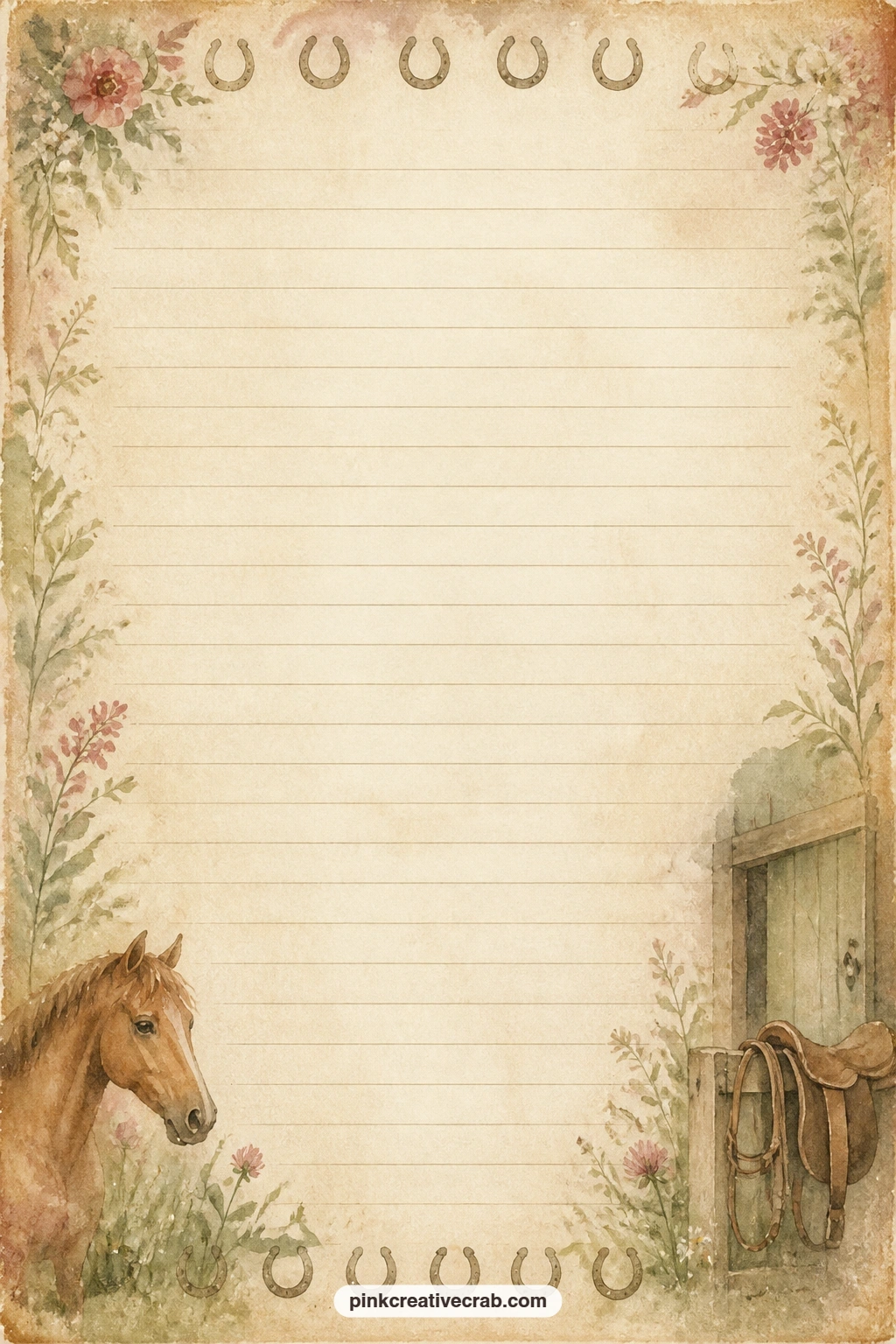 Horseshoe Border Lined Page printable page — Small horseshoes line the top and bottom edges of this page, leaving the ruled centre open for a riding log, a