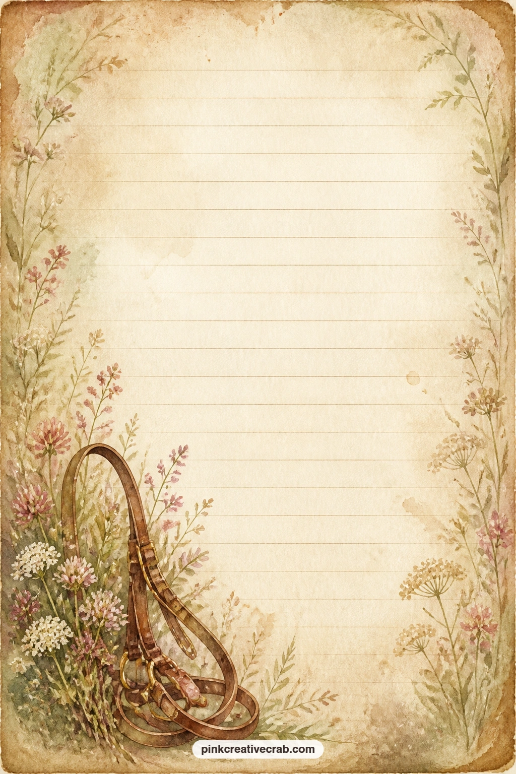 Wildflower And Bridle Corner Lined Page printable page — Wildflowers and a looped bridle fill one corner, leaving space below for a gift list, a packing list