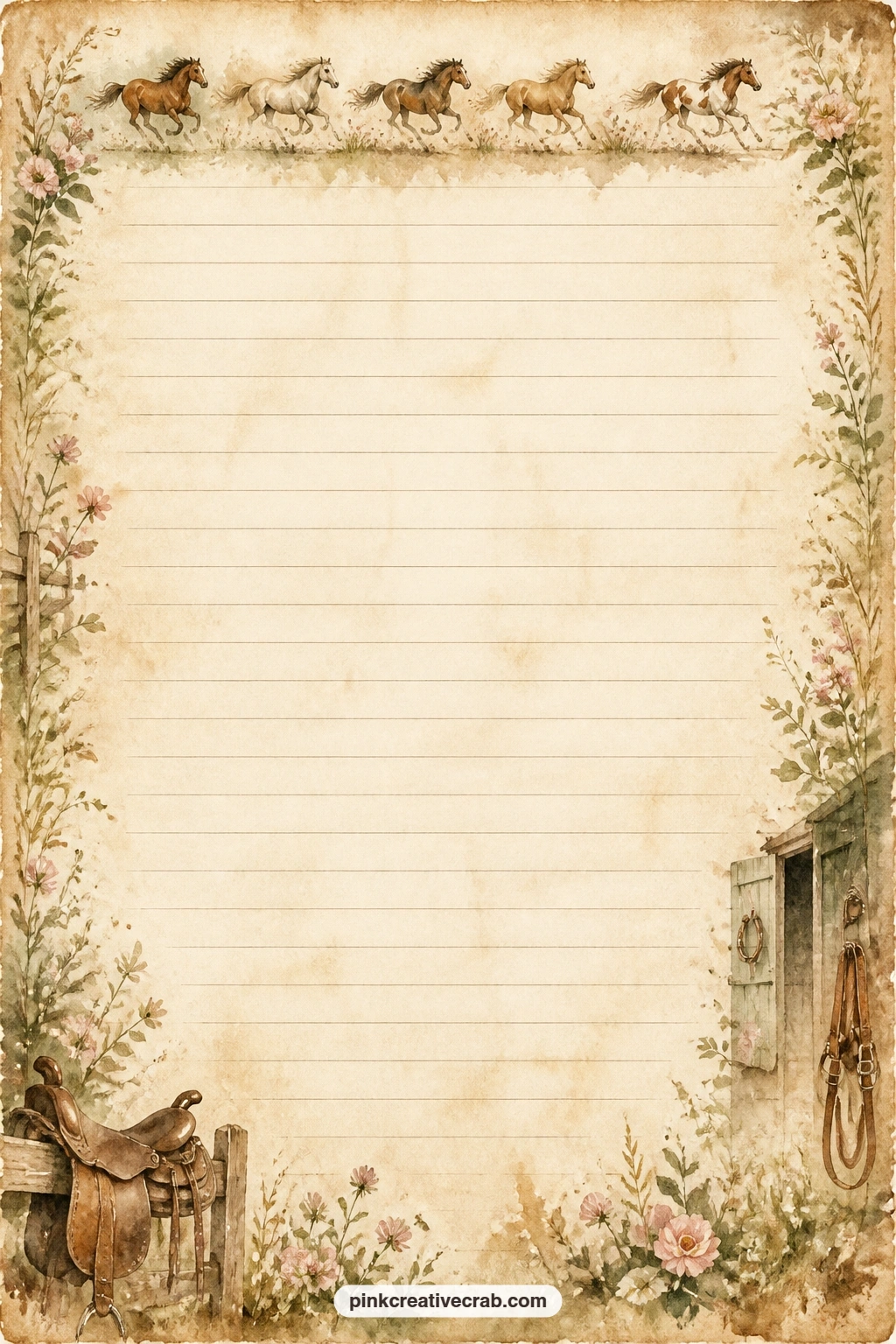 Galloping Horses Band Lined Page printable page — A narrow band of galloping horses runs along the top edge, with the ruled lines below left open for a diary