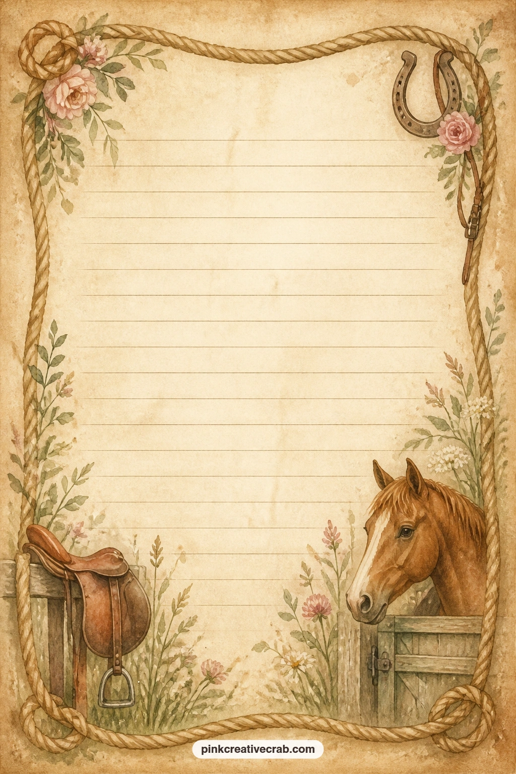 Rope Frame Lined Page printable page — A soft twisted rope frames the whole page, leaving room inside for a menu from a country fair, a letter to a riding