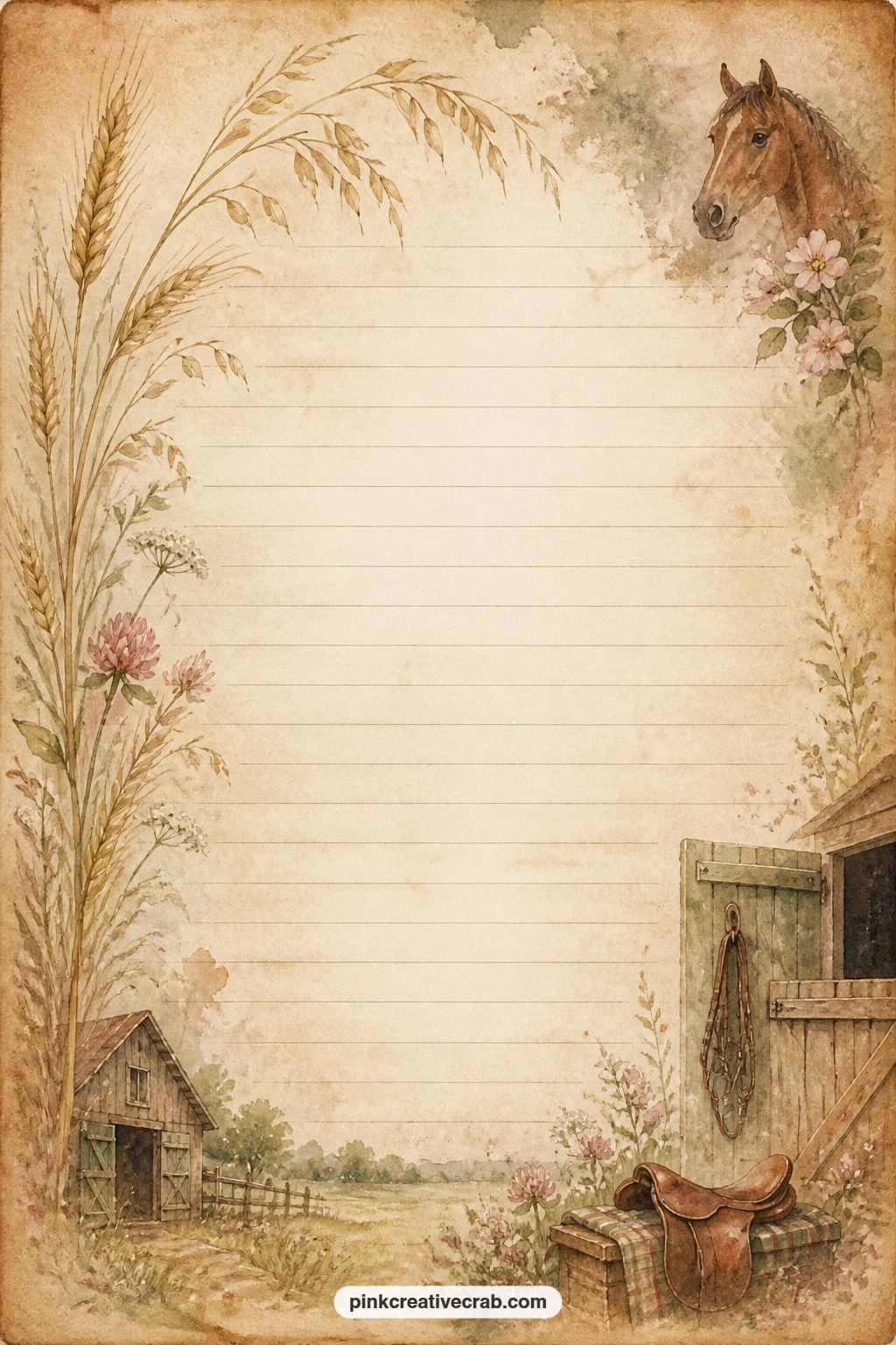Oats And Wheat Spray Lined Page printable page — A spray of oats and wheat stems arches along one side, suited to a feed and care log, a list of barn chores
