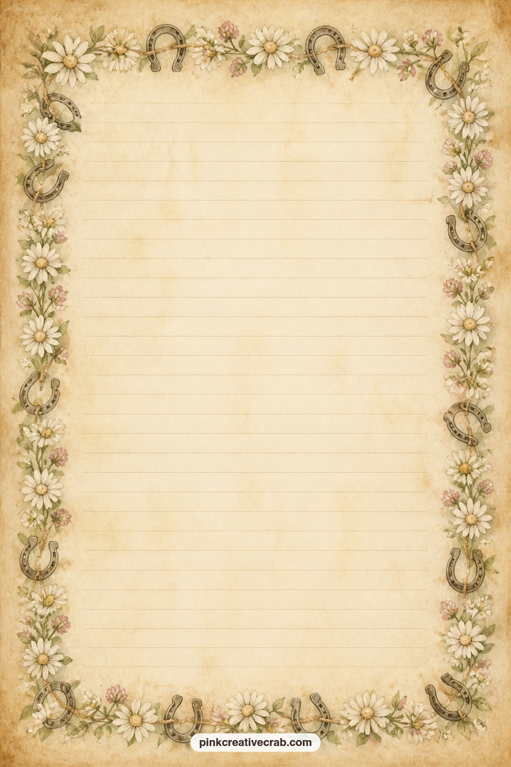 Daisy Chain Border With Horseshoes Lined Page printable page — A daisy chain threaded with tiny horseshoes runs around the full border, framing open ruled