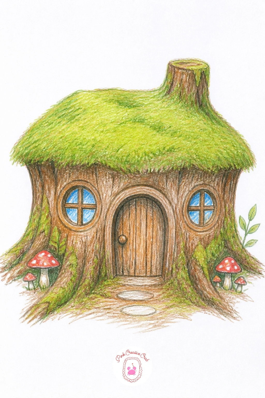 Tree Stump House With Mossy Roof — Move from mushroom to stump for the next tiny home: a tree stump house with windows and a mossy roof. Fairy house drawing