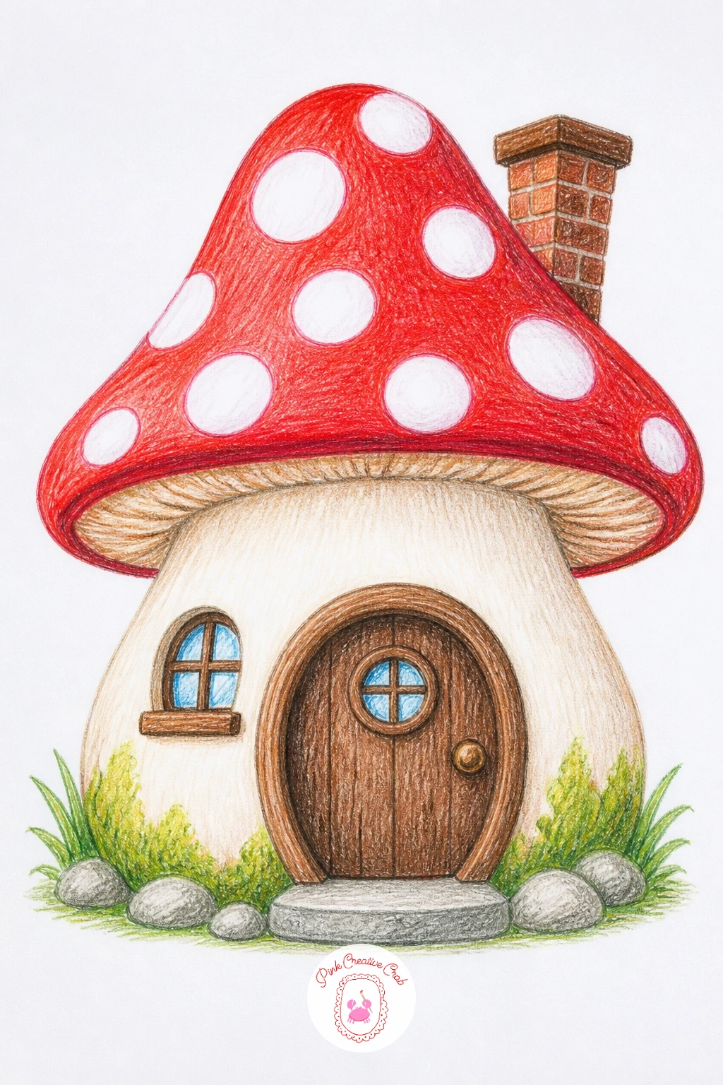 Toadstool Cottage With Round Door — Start the whole series with the subject that says fairy house the loudest: a toadstool cottage with a round door and a