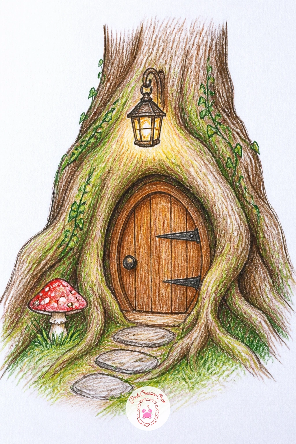 Fairy House In Tree Roots With Lantern — Tuck the next home right into the ground: a fairy house built into tree roots with a lantern. Fairy house drawing
