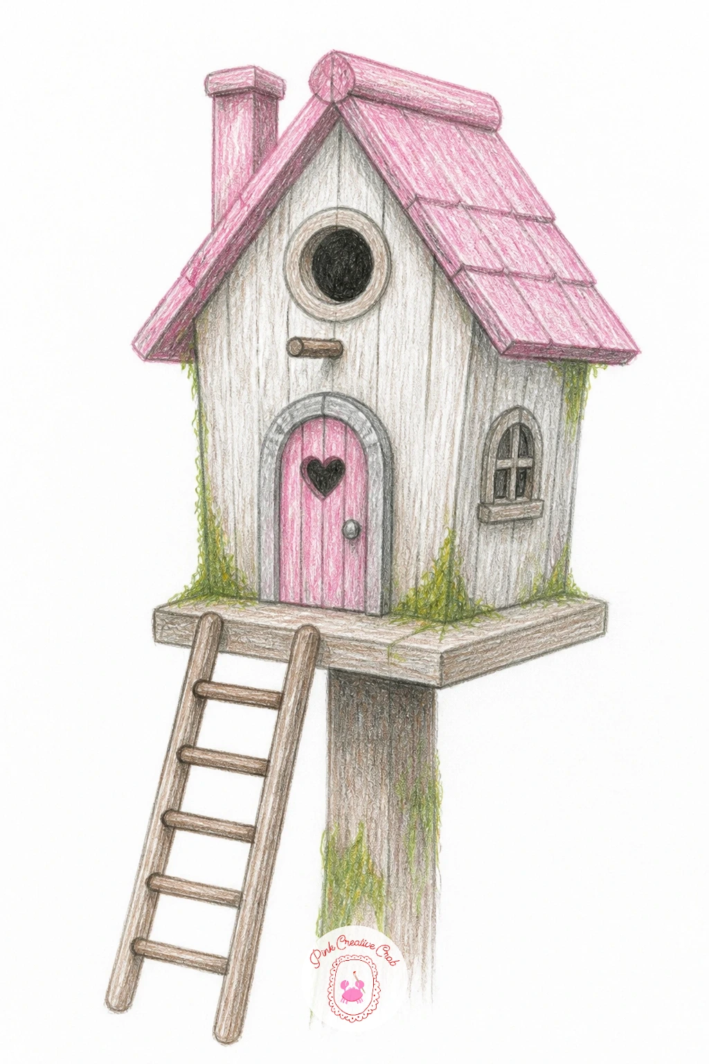Birdhouse Turned Fairy Home With Ladder — Give the roots a rest and look upward for a birdhouse turned into a fairy home with a ladder. Fairy house drawing