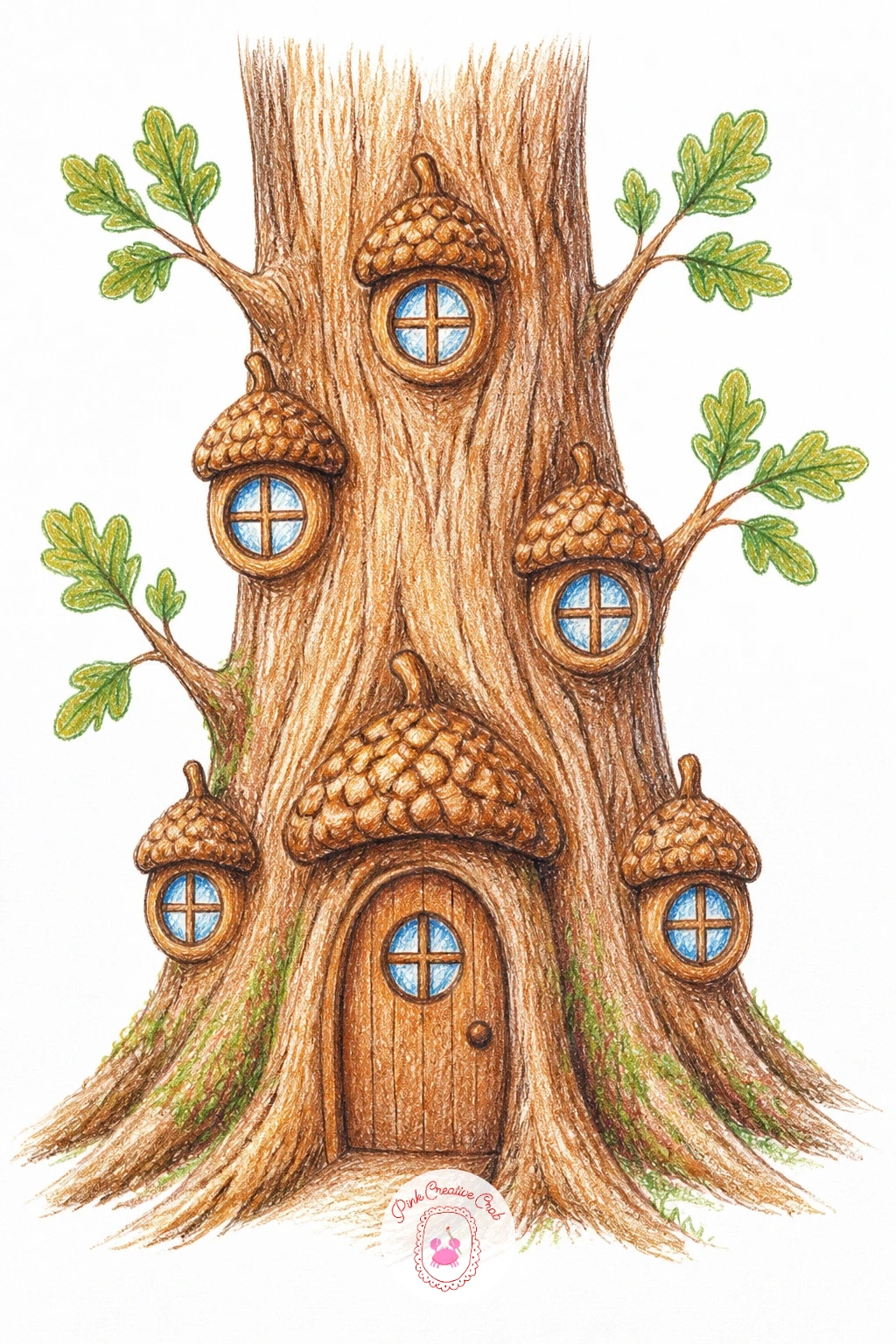 Oak Tree Home With Acorn Cap Roofs — Climb into a grander tree next for an oak tree home with acorn cap roofs. Fairy house drawing
