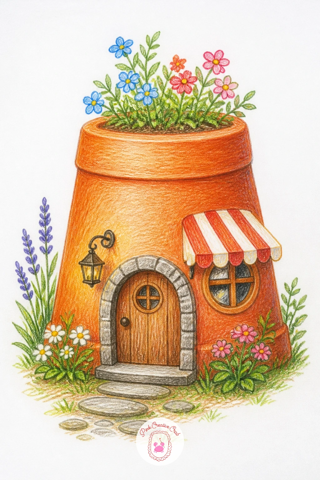 Flowerpot Fairy House In A Garden — Turn a garden object into a home with a flowerpot fairy house in a garden. Fairy house drawing