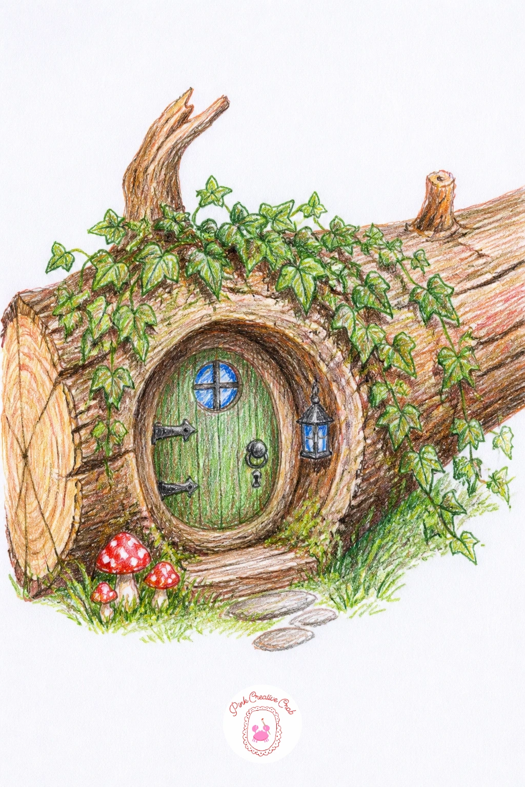 Fairy House In Hollow Log With Ivy — Lay the next home on its side for a fairy house in a hollow log with ivy. Fairy house drawing
