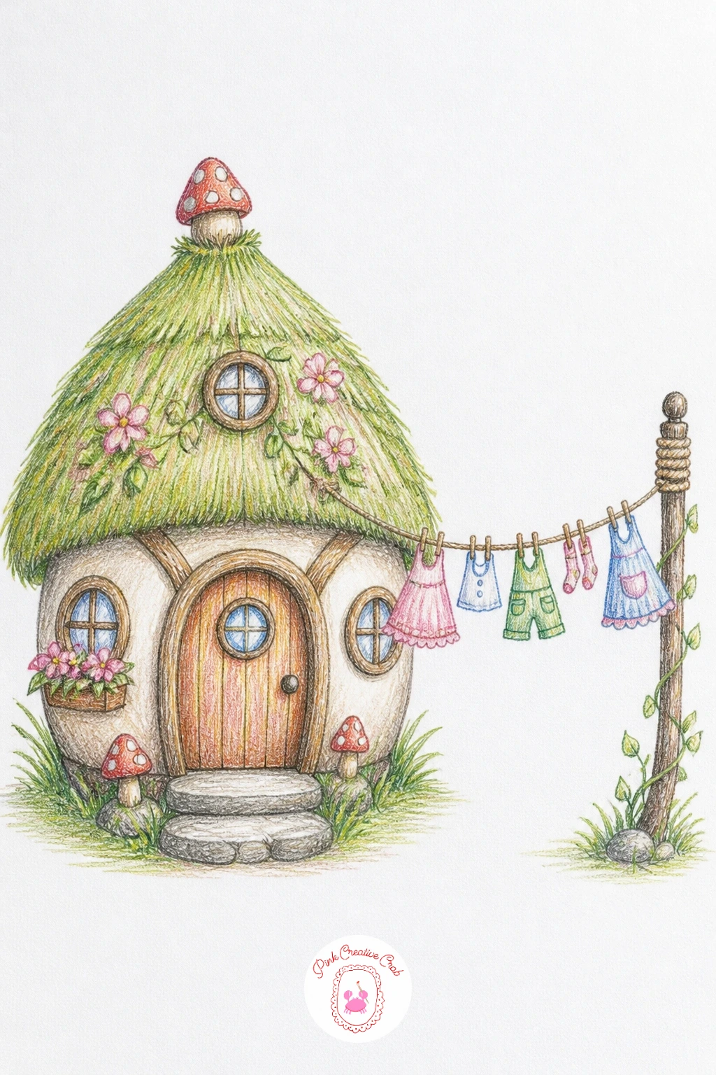 Fairy House With Clothesline Of Tiny Clothes — Add some daily life to the next cottage with a fairy house with a clothesline of tiny clothes. Fairy house