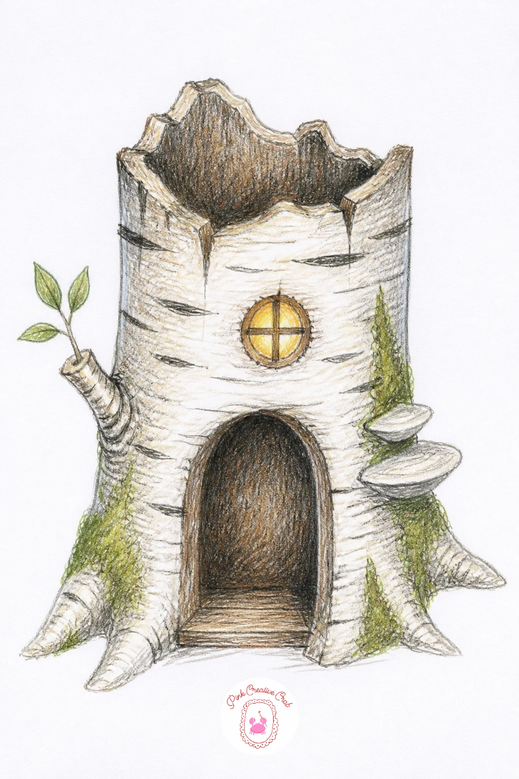 Fairy House In Hollow Birch Stump — Switch the bark entirely for a fairy house in a hollow birch stump. Fairy house drawing