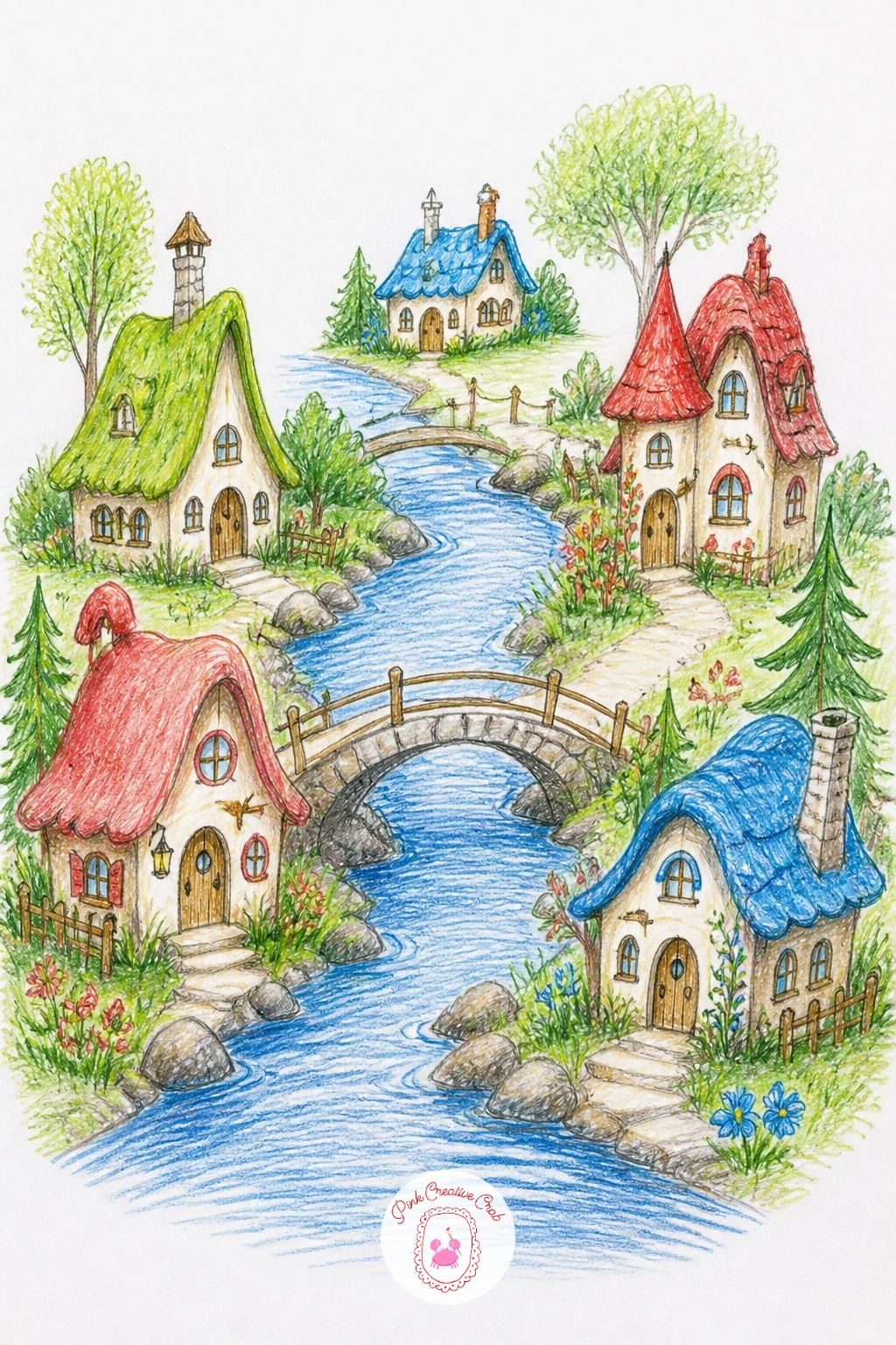 Fairy Village On A Riverbank With Bridges — Widen the scene for a fairy village on a riverbank with little bridges. Fairy house drawing