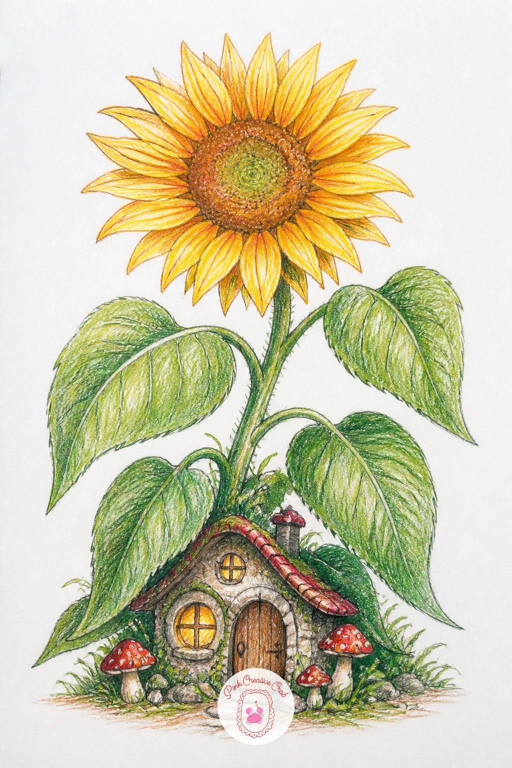 Fairy House At Foot Of Giant Sunflower — Play with scale for a fairy house at the foot of a giant sunflower. Fairy house drawing