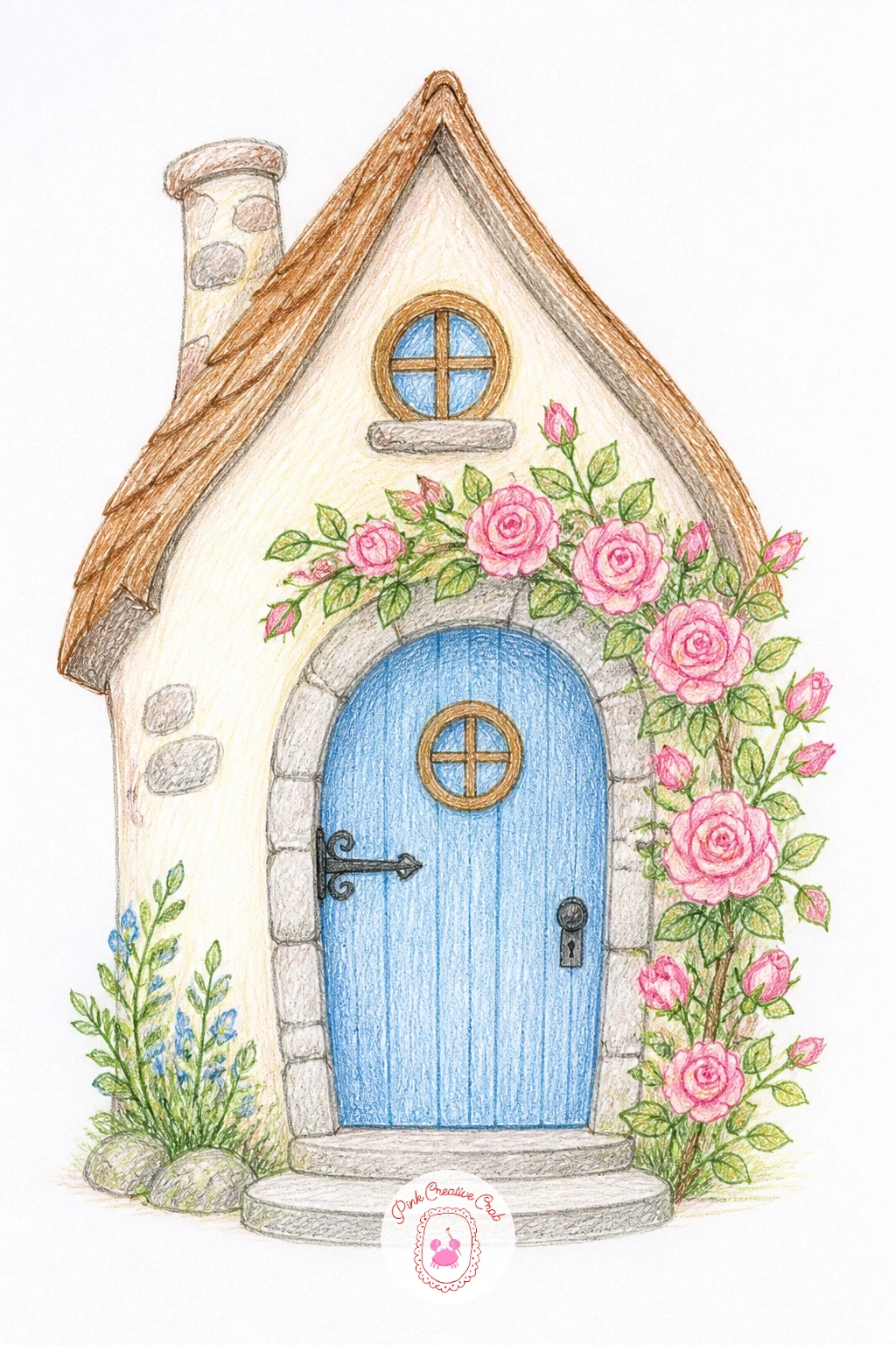 Fairy House With Blue Door And Roses — Return to a simple cottage for a fairy house with a blue door and climbing roses, one of the prettiest and most