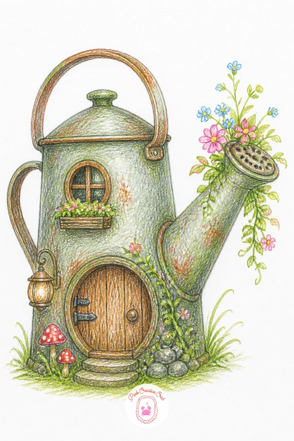 Fairy House Made From Watering Can — Recycle a garden tool for a fairy house made from an old watering can. Fairy house drawing