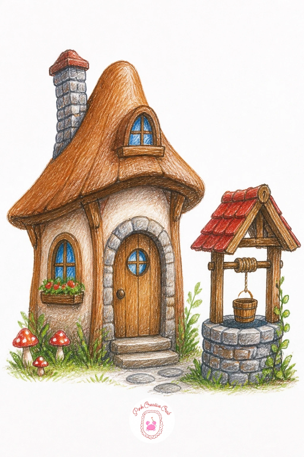 Fairy House With Tiny Stone Well — Add a garden feature next to a fairy house with a tiny stone well. Fairy house drawing