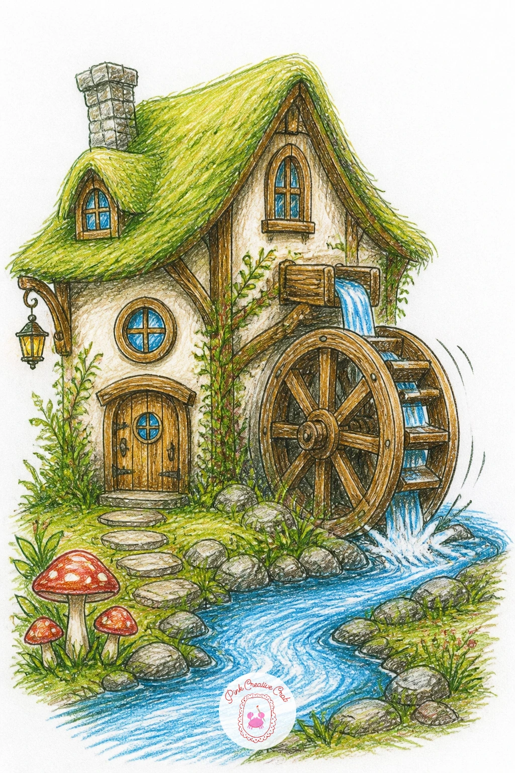 Fairy House Beside Stream With Waterwheel — Put the house to work for a fairy house beside a stream with a waterwheel. Fairy house drawing