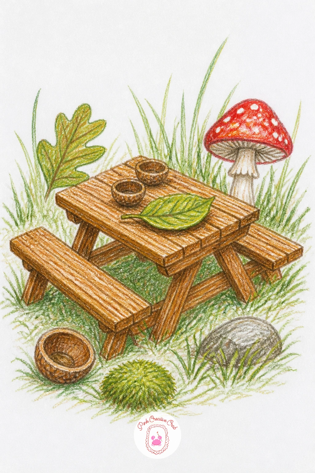 Fairy Garden With Mini Picnic Table — Step outside the house entirely for a fairy garden with a mini picnic table. Fairy house drawing
