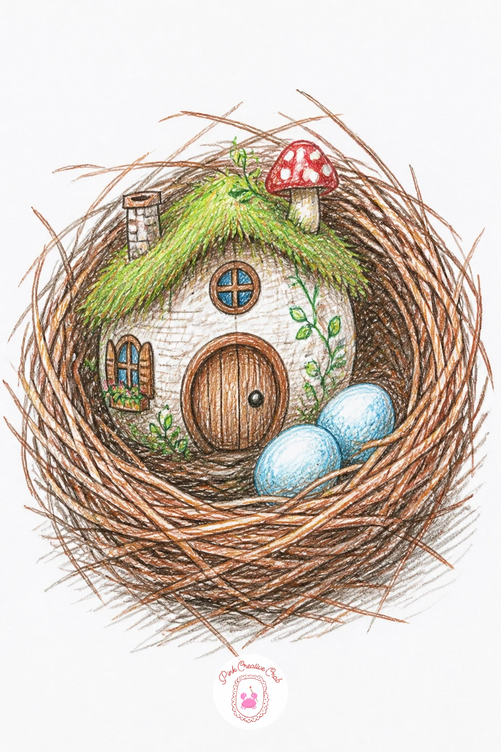 Fairy House In A Bird's Nest — Borrow a nest for the next home with a fairy house in a bird's nest. Fairy house drawing