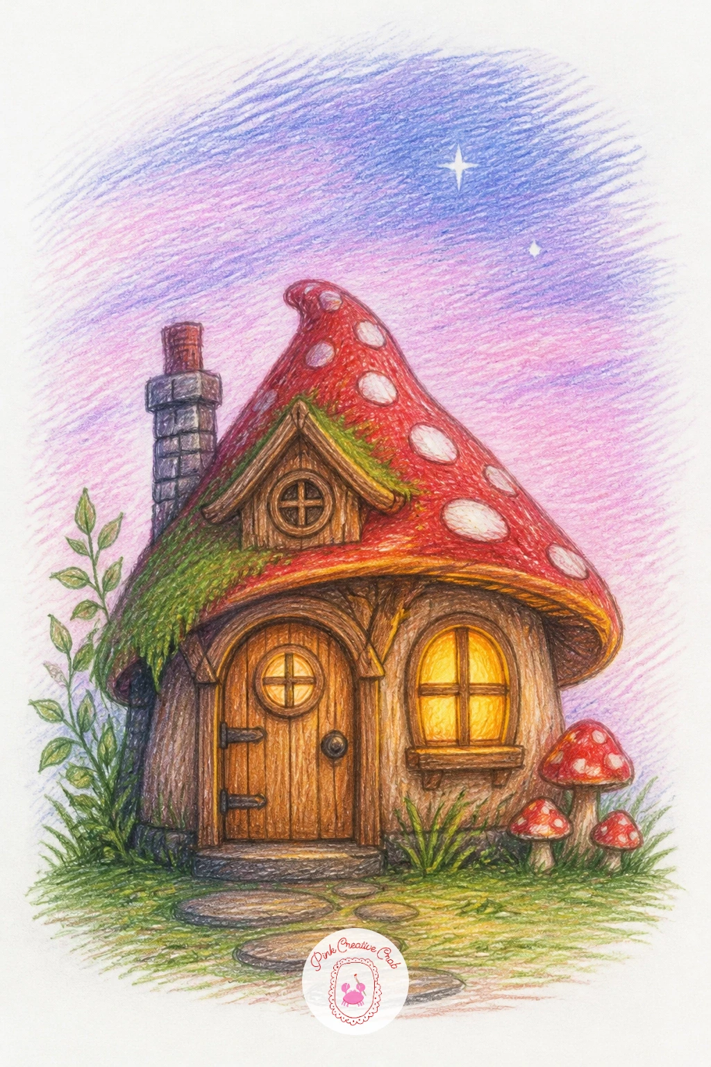 Fairy House With Glowing Window At Pastel Dusk — Shift the light for a fairy house with a glowing window at pastel dusk. Fairy house drawing