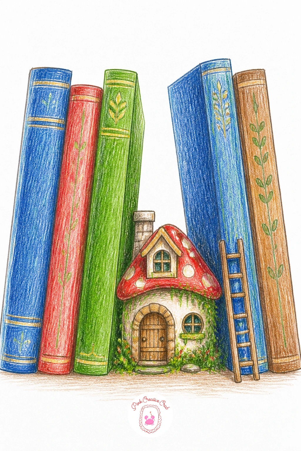 Fairy House Tucked Into A Bookshelf Gap — Bring the fairy world indoors for a fairy house tucked into a gap on a bookshelf. Fairy house drawing