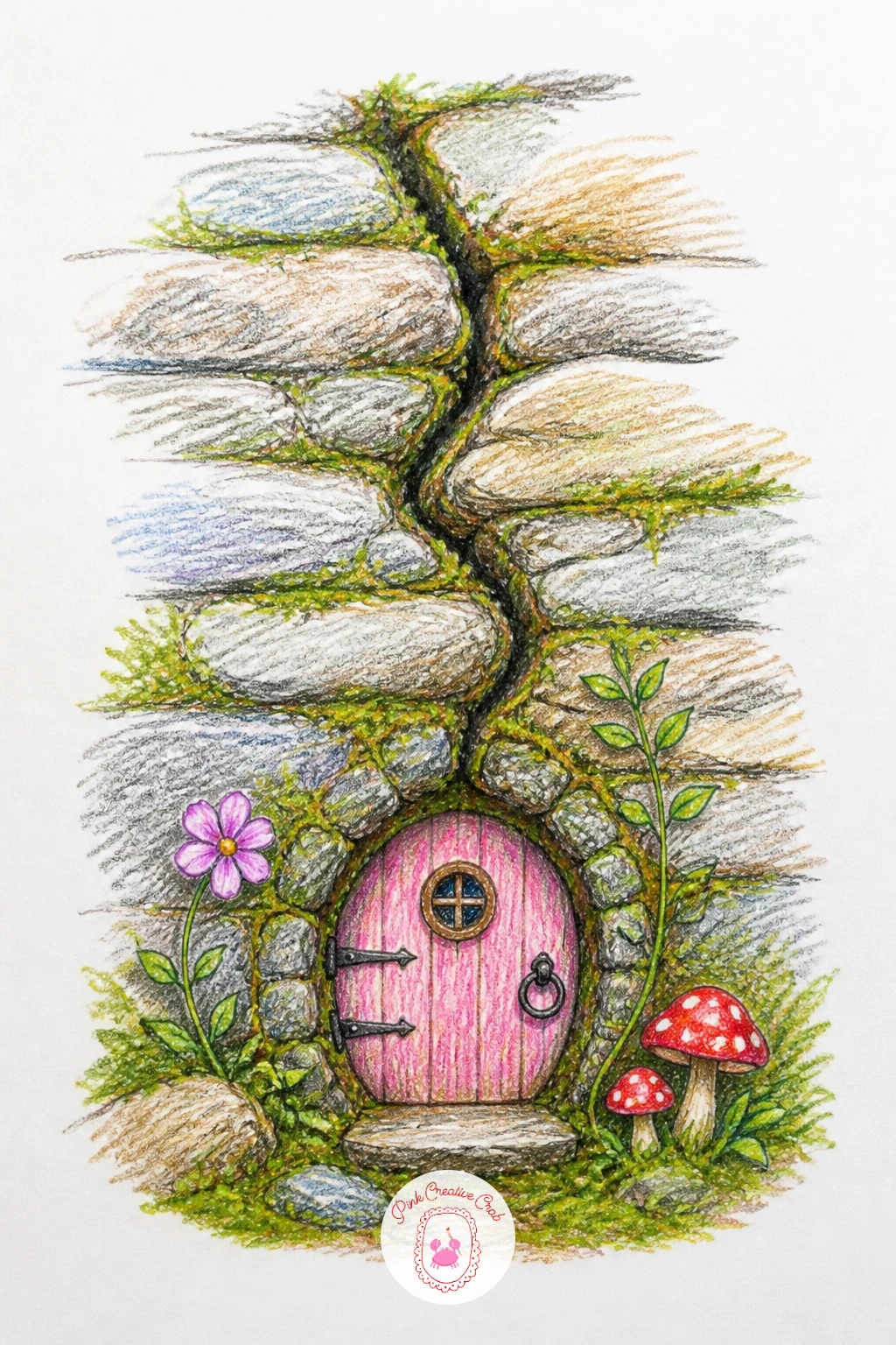 Fairy House In A Garden Wall Crack — Find a hidden spot for a fairy house in a crack of an old garden wall. Fairy house drawing