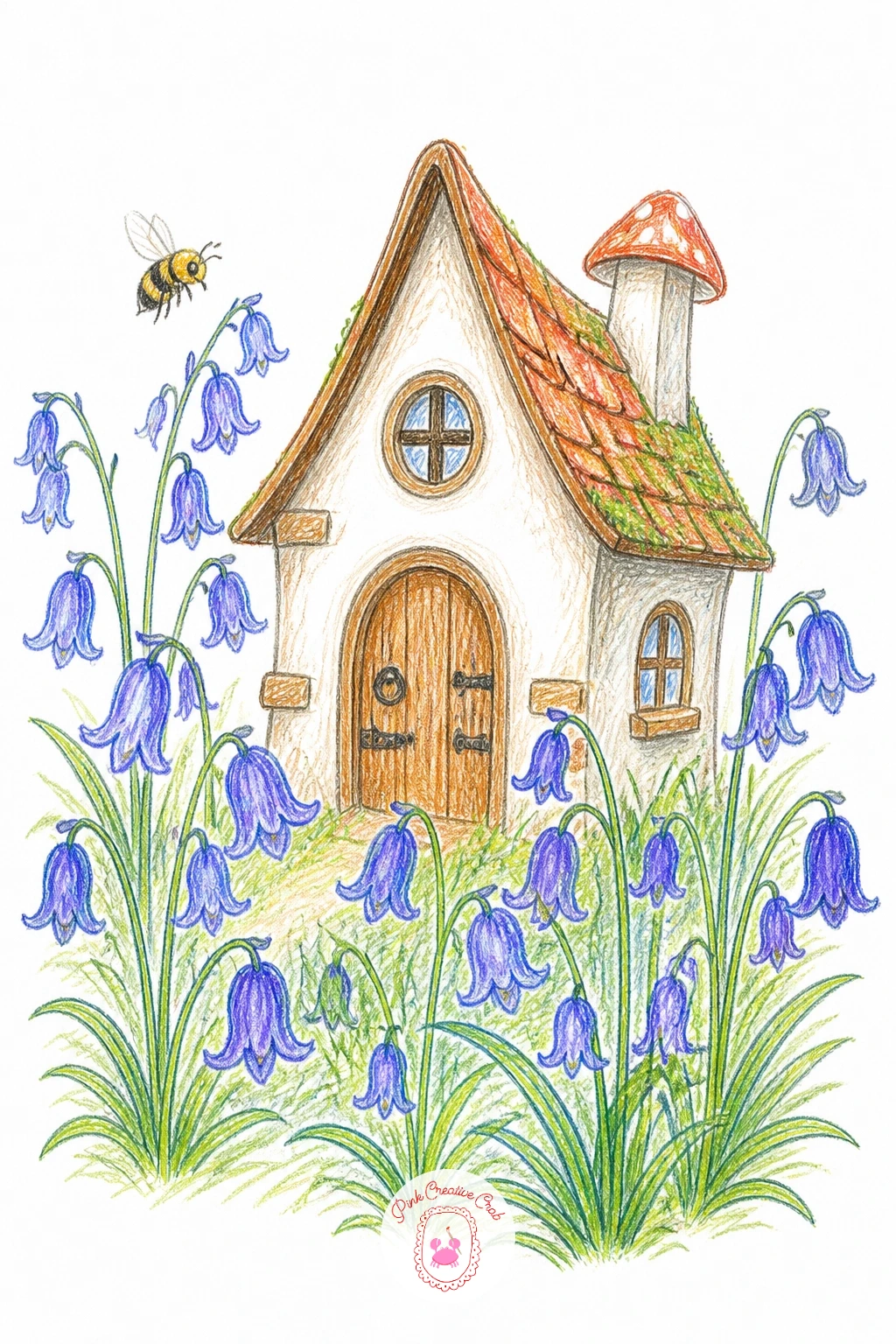 Fairy House Surrounded By Bluebells — Close the series in full bloom with a fairy house surrounded by bluebells, a scene that leans entirely on its garden