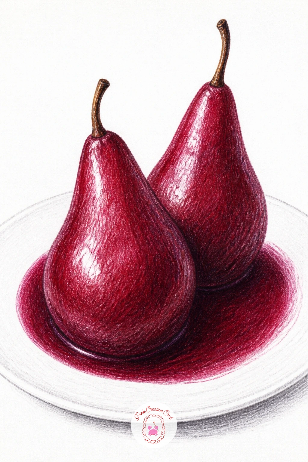 Poached Pears In Red Wine On A Plate — Bring the pears into the kitchen with a classic dessert: two whole poached pears, deep red from a wine bath, sitting on