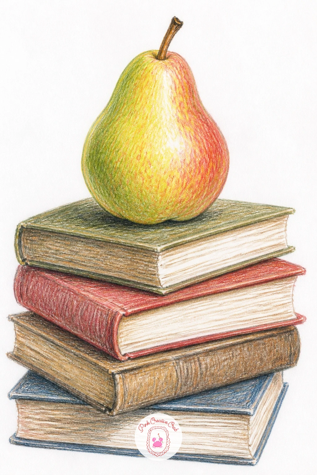 Pear Resting On A Stack Of Books — Give a single pear a small story by setting it on top of a stack of old books. Pear drawing