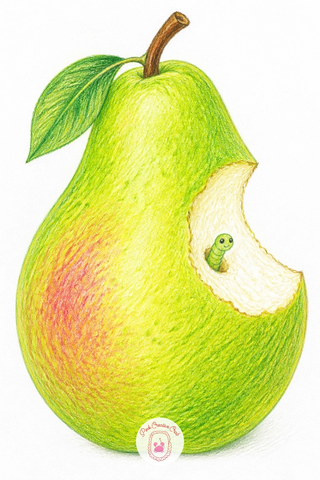 Pear With A Bite Taken And A Tiny Worm Peeking Out — Add a little humor with a pear that has a bite taken out of it and a tiny worm peeking from the hole. Pear