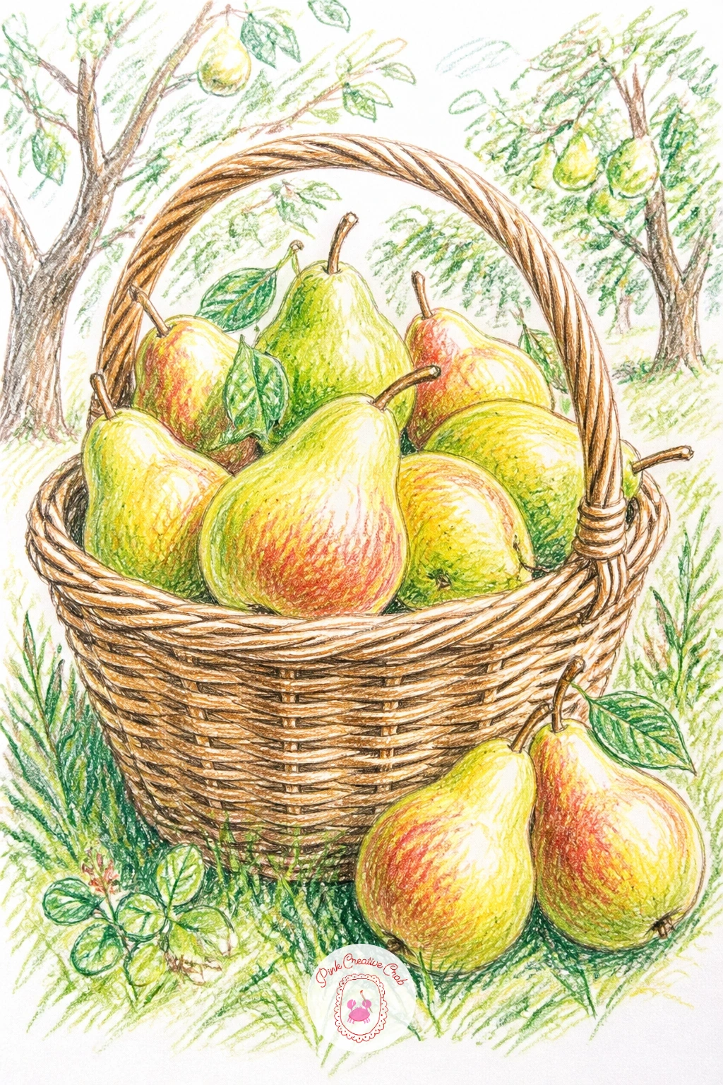Basket Of Pears In An Orchard — Carry the orchard setting further with a wicker basket full of pears sitting on the grass between the trees. Pear drawing