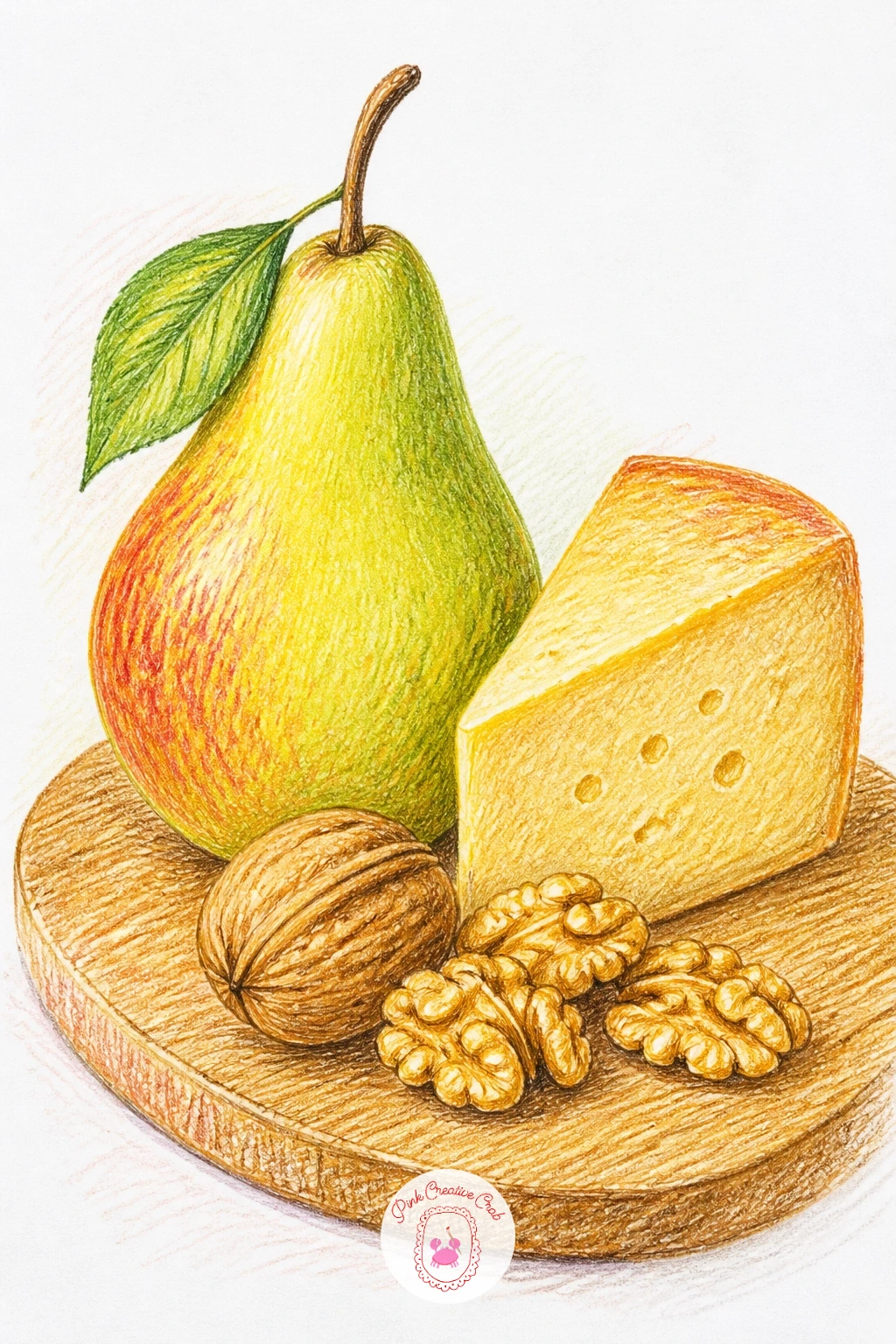 Pear On A Cheese Board With Walnuts — Pair a pear with cheese and walnuts for a small kitchen still life. Pear drawing