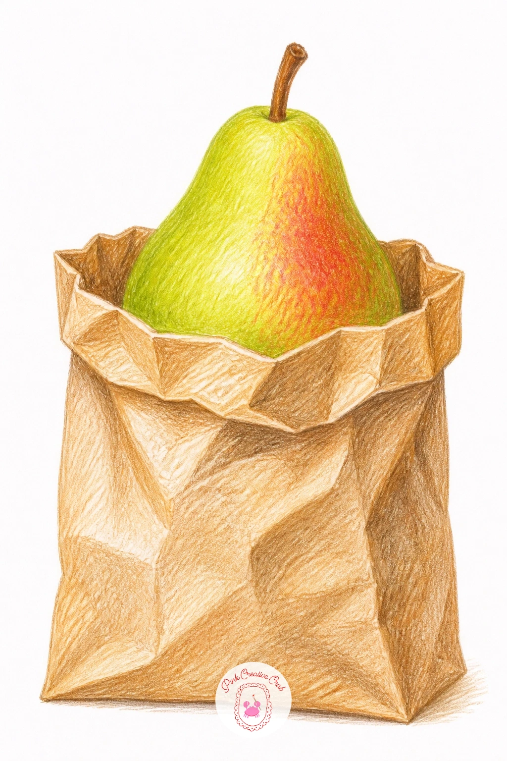 Pear In A Paper Bag — Try a quieter composition: a single pear tucked halfway into a plain brown paper bag, its top crumpled open. Pear drawing