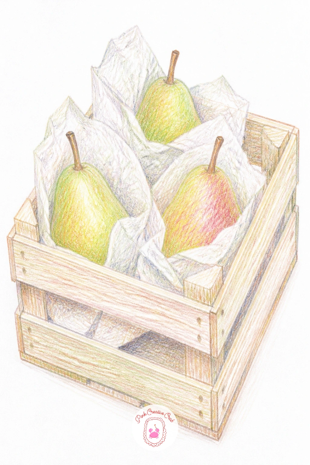 Pears Wrapped In Tissue In A Fruit Crate — Build a small harvest scene with two or three pears, each half wrapped in thin tissue paper, sitting inside a wooden