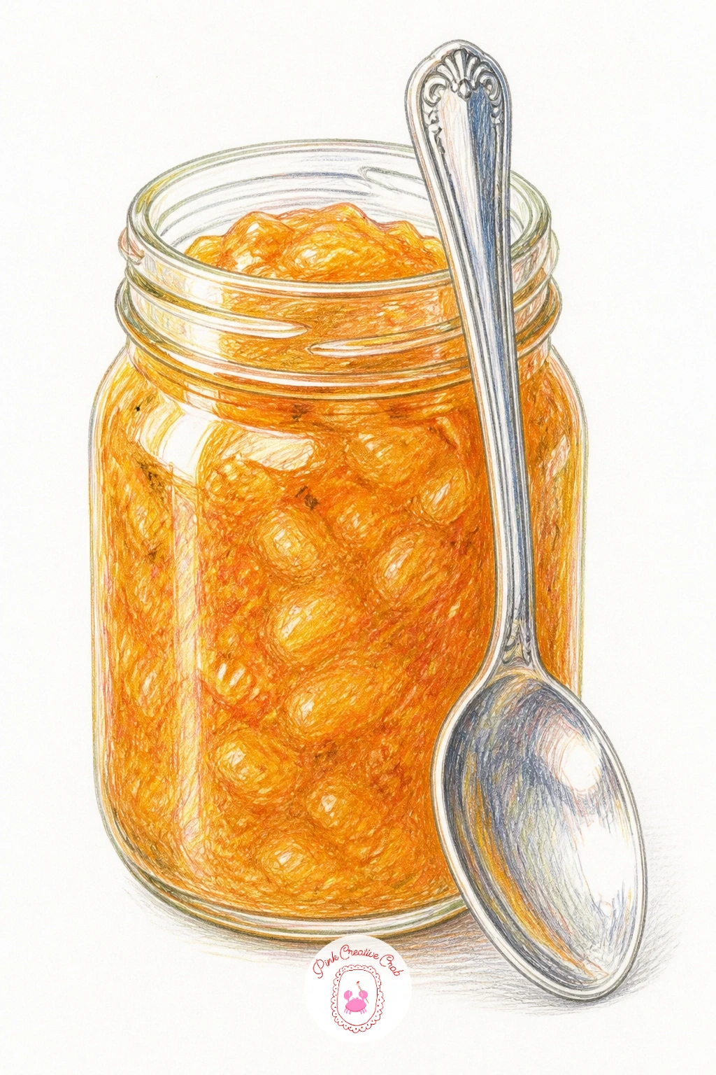 Jar Of Pear Jam With A Spoon — Move indoors to the pantry with a glass jar of pear jam, a spoon resting against its side. Pear drawing