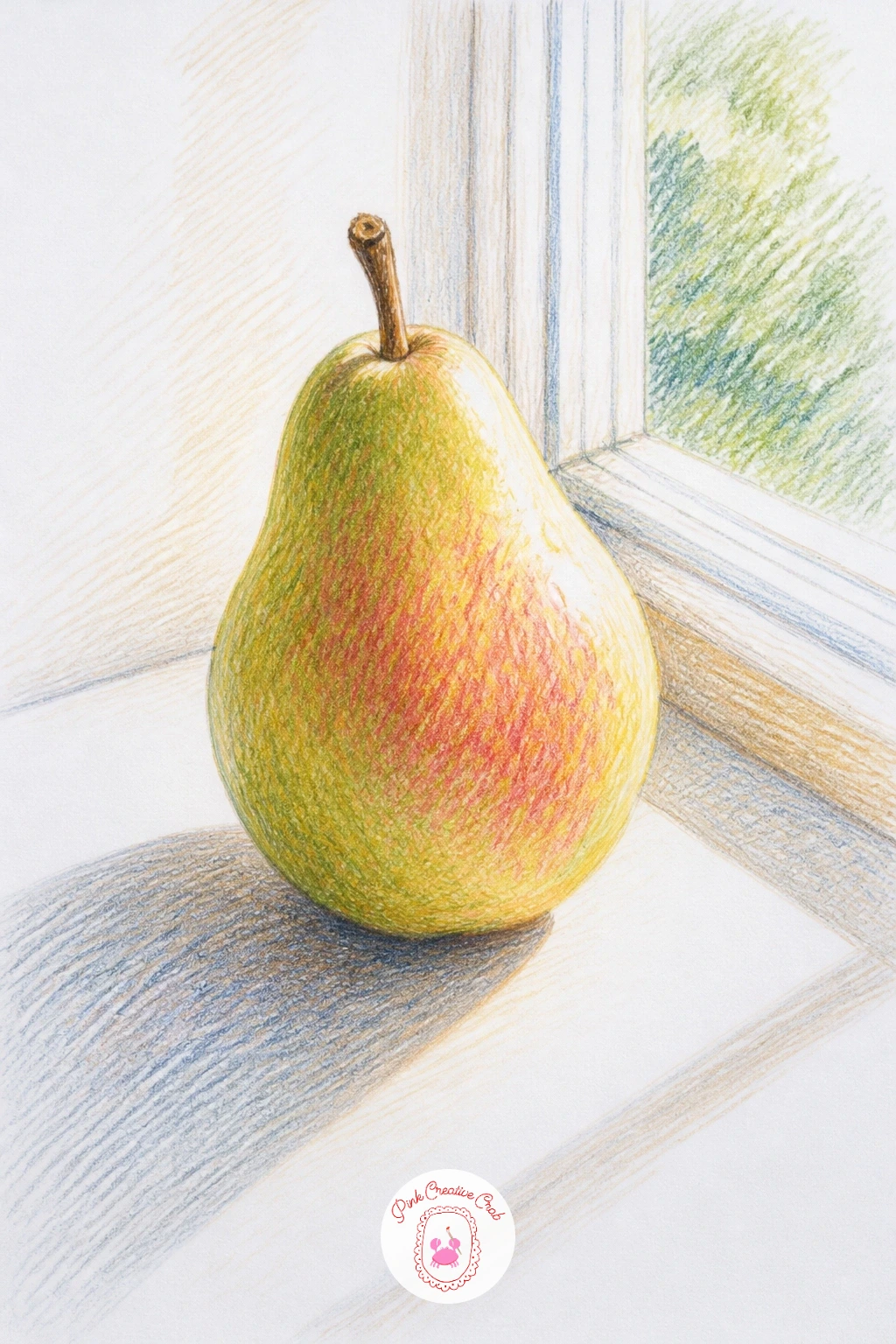 Pear On A Windowsill Catching The Light — Set a single pear on a windowsill with strong light falling across it from one side. Pear drawing