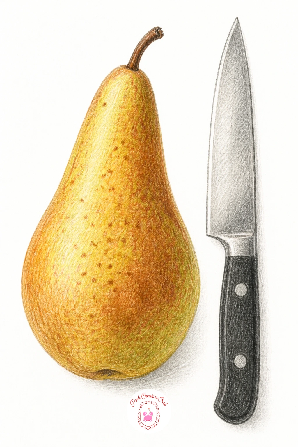 Speckled Bosc Pear Beside A Knife — Focus on texture with a Bosc pear, known for its rough speckled brown skin, resting beside a simple kitchen knife. Pear