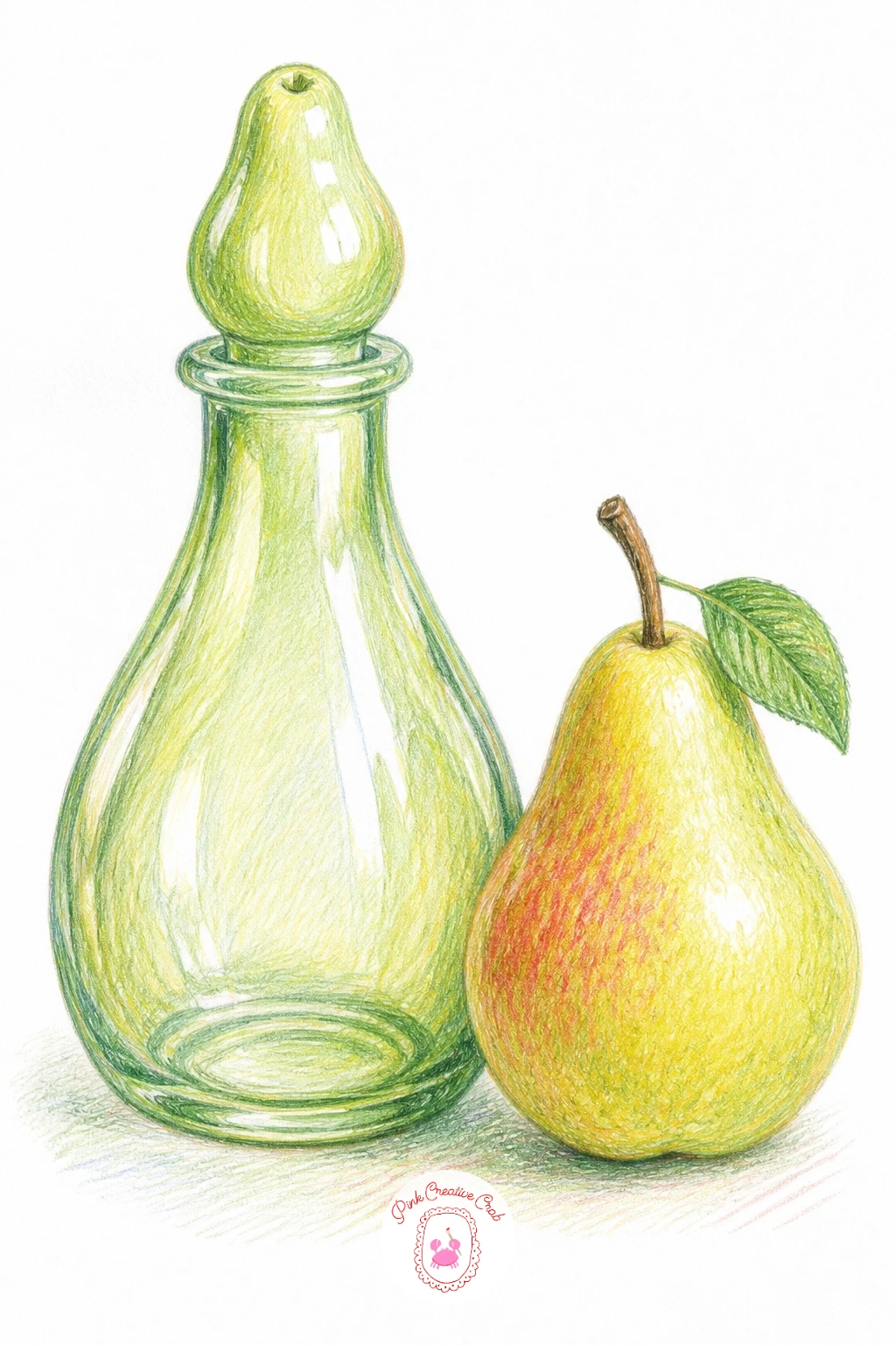 Glass Pear-Shaped Bottle Beside Real Pears — Pair a decorative glass bottle shaped like a pear with one or two real pears beside it, an easy way to practice