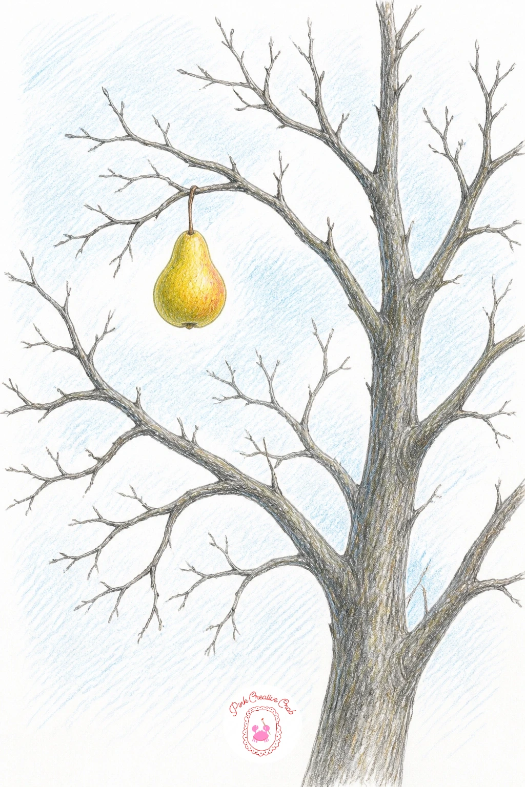 Pear Tree In Winter With One Fruit Left — Return to the orchard in a quieter season: a bare winter tree with one single pear still clinging to a high branch.