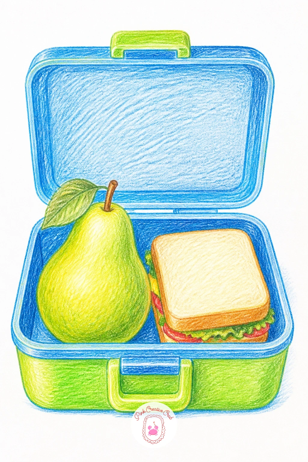 Pear In A Child's Lunchbox — Bring in a small story with a pear tucked into an open lunchbox beside a sandwich or a napkin. Pear drawing
